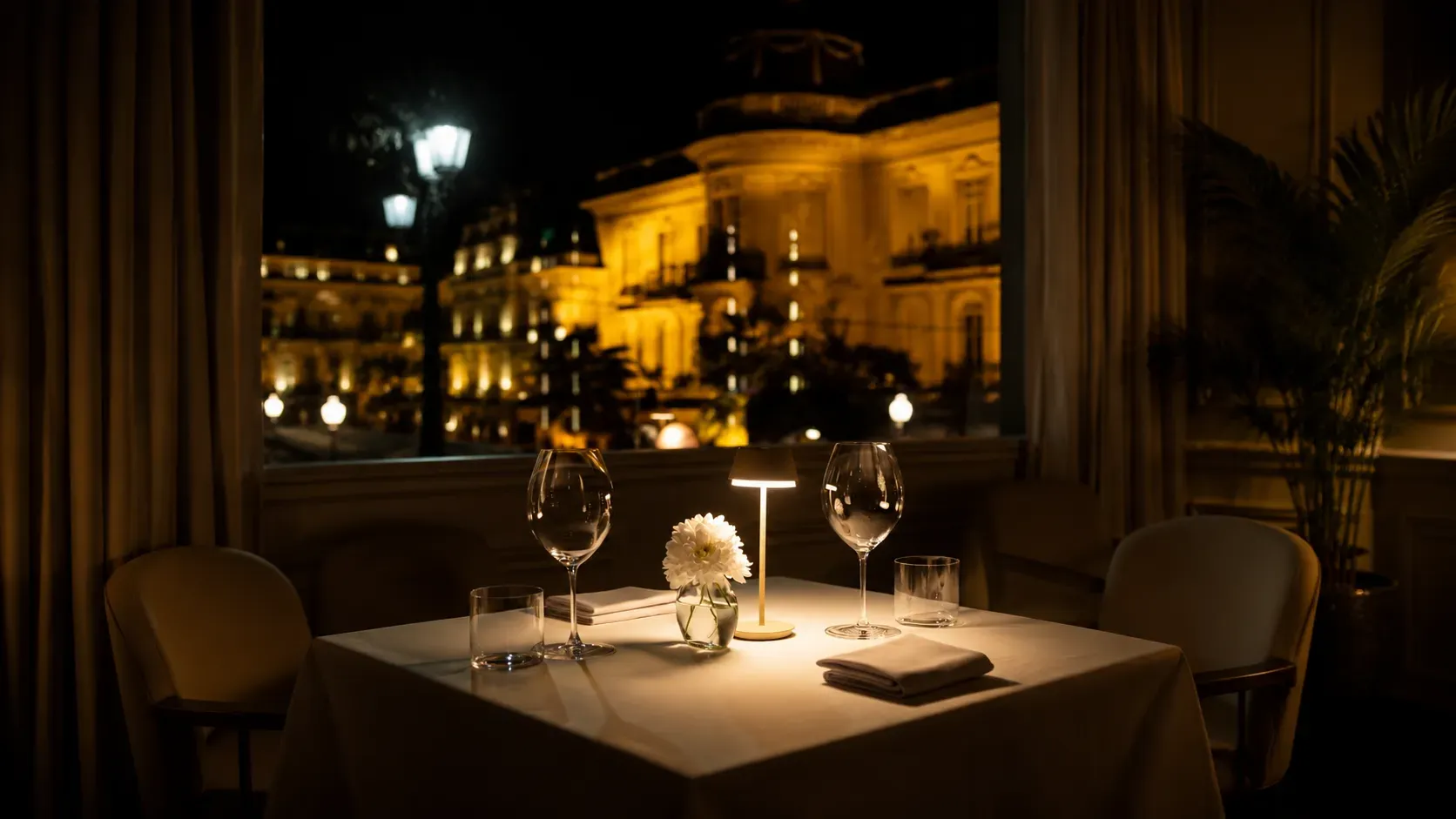 Mesa junto al ventanal de Presencia, de noche, con el Palacio Duhau iluminado enfrente